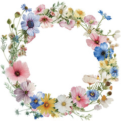 Watercolor Floral Wreath,circular wreath,watercolor wildflowers in pastel colors, perfect for festive and wedding designs.
