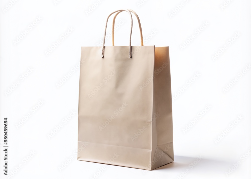 Poster empty blank beige matte shopping bag with folded top and handle standing isolated on a clean white b