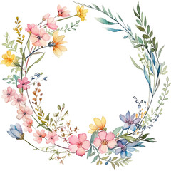 Watercolor Floral Wreath,circular wreath,watercolor wildflowers in pastel colors, perfect for festive and wedding designs.