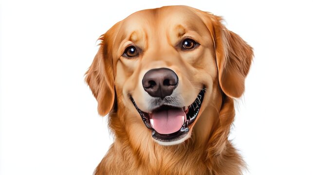 Smiling Cheerful Golden Retriever Dog Portrait on White Background