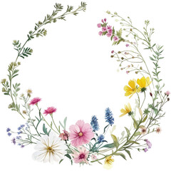 Watercolor Floral Wreath,circular wreath,watercolor wildflowers in pastel colors, perfect for festive and wedding designs.