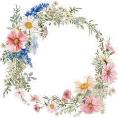 Watercolor Floral Wreath,circular wreath,watercolor wildflowers in pastel colors, perfect for festive and wedding designs.