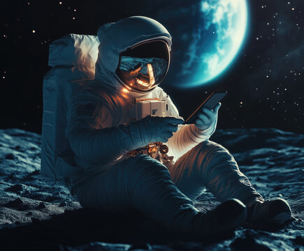 Astronaut is using a smartphone with planet earth in the background - Powered by Adobe