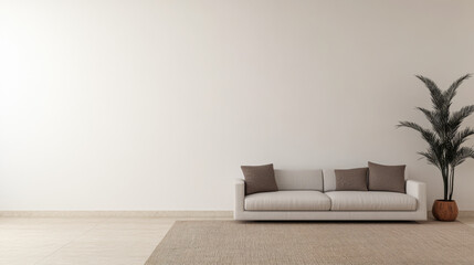 Cozy minimalist living room with a light-colored sofa and a potted plant on the floor, perfect for relaxation and modern decor