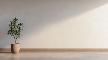 A potted plant stands alone in a sunlit room with a minimalist design and soft, warm tones during the late afternoon