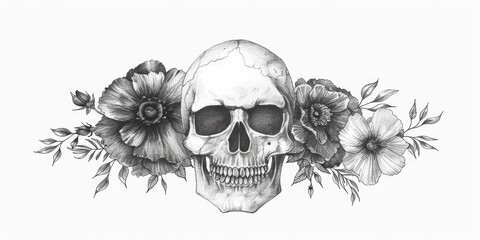 Fototapeta premium Skull adorned with flowers and vines for a creative coloring page experience
