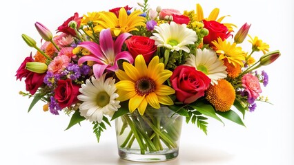 Vibrant colorful bouquet of fresh mixed flowers including roses, daisies, and lilies arranged beautifully in a clear glass vase on a white background.