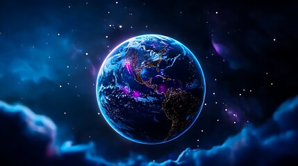 Fototapeta premium An Earth globe glows with city lights, set against the vastness of space and a nebula.