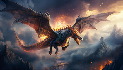 illustration wallpaper of a massive black dragon flying through a stormy sky.