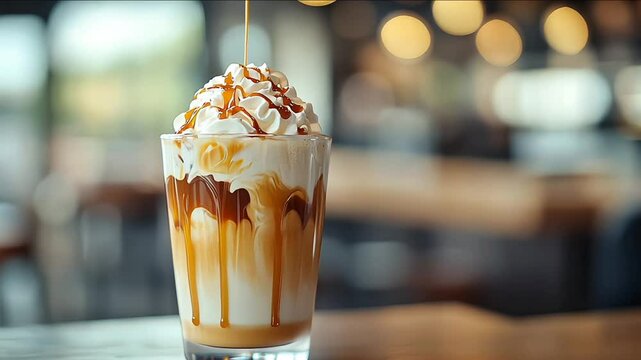 A tall glass of iced latte coffee with milk cream on a wooden counter bar over a cafe glass window reflex at a Cafe coffee shop. Cold brew refreshment summer drink