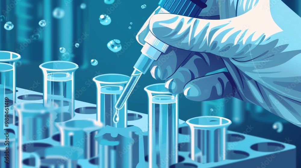 Poster a close-up shot of hands using a pipette to transfer liquid into test tubes, symbolizing precision a