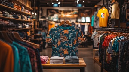 Vibrant Graphic T-Shirt Display: A Stylish Retail Showcase of Diverse Patterns and Colors for Sporty Interiors and Fashion Inspiration – Perfect for Posters and Décor!