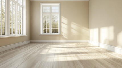 Obraz premium Empty wooden wall room interior with window, Modern bright interiors 3D rendering illustration.