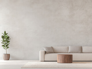 Modern living room with a minimalist design featuring a comfortable sofa, wooden coffee table, and a potted plant against a light wall