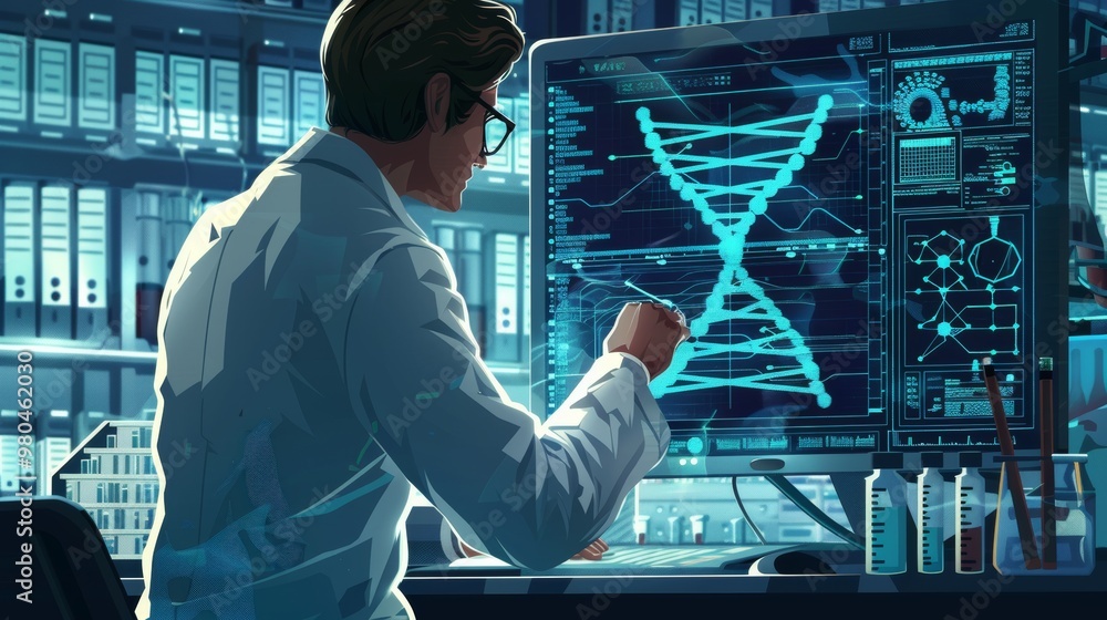 Poster a scientist analyzing genetic data on a computer screen, with dna double helix graphics and laborato