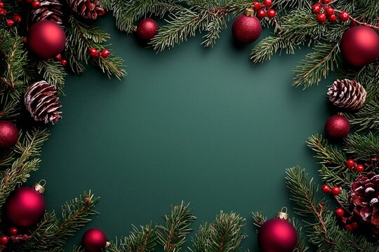 Weihnachtlicher Hintergrund mit Tannenzweigen und Christbaumkugeln auf gr&uuml;nem Untergrund 