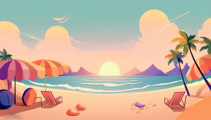 a vibrant cartoon-style holiday background set in a tropical paradise