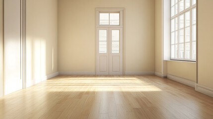 Fototapeta premium empty interior room ,gray wall with wood shelf and Engineered wood flooring, Empty Room with White Walls and Beige Carpet.