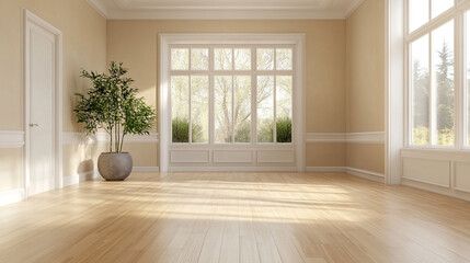 Empty room interior design, open space with big panoramic window, interior of new apartment, empty living room, tiled floor.