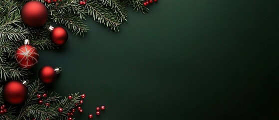 Weihnachtlicher Hintergrund mit Tannenzweigen und Christbaumkugeln auf gr&uuml;nem Untergrund 