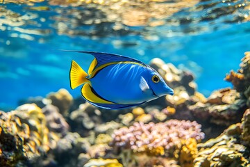 Yellow tang fish swimming in a blue aquarium with coral and other tropical fish