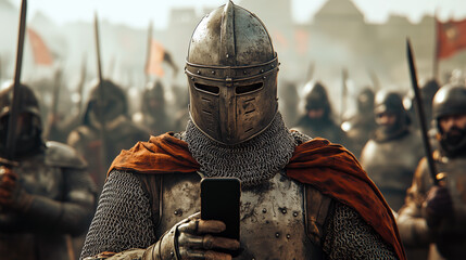 medieval knight  read news on smartphone