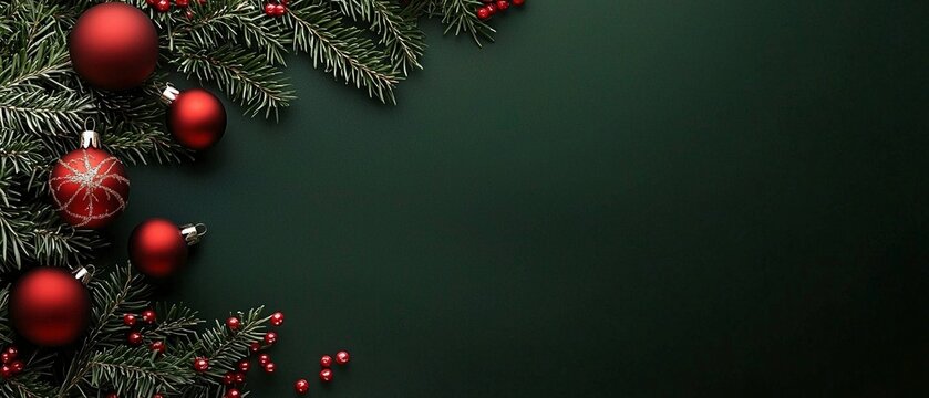 Weihnachtlicher Hintergrund mit Tannenzweigen und Christbaumkugeln auf gr&uuml;nem Untergrund 