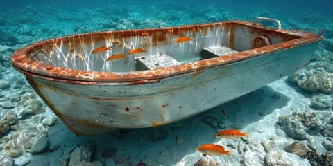 Obraz premium Exploring a weathered boat resting on a coral reef teeming with curious fish underwater