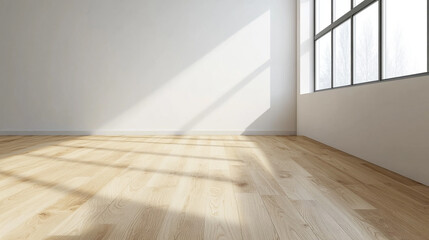 Modern vintage interior of living room,parquet flooring and blue wall, Monstera deliciosa on floor against white wall in new empty house.