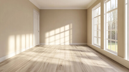 Fototapeta premium Modern vintage interior of living room,parquet flooring and blue wall, Monstera deliciosa on floor against white wall in new empty house.