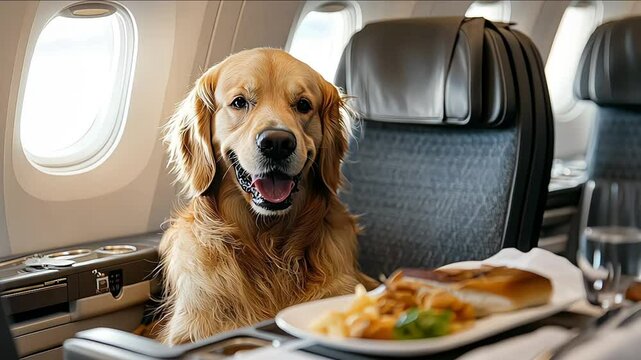 pet bowl full of food inside an airplane window seat where pets are welcome on board
