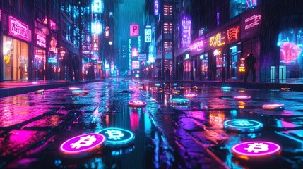 Neon Nights: Urban Street Scene with Digital Currency Capsules Reflecting the Cityscape – Perfect Poster for Modern Sports Interiors and Tech Enthusiasts