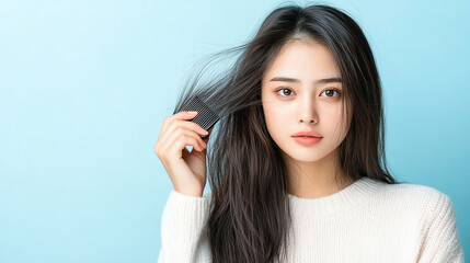 Fototapeta premium A young woman with long hair poses against a pastel blue background, gently holding a section of her hair with a soft expression.