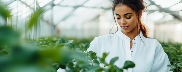Nurturing Taurus woman in a greenhouse, embodying patience and an appreciation for growth