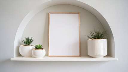 Fototapeta premium Gold frame, white, empty on shelf, with cactus, white wall background, curved shape, mockup
