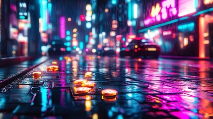 Obraz premium Neon Nights: Urban Street Scene with Digital Currency Capsules Reflecting the Cityscape – Perfect Poster for Modern Sports Interiors and Tech Enthusiasts