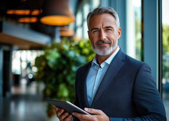 Fototapeta premium Successful senior businessman holding tablet and smiling in office building