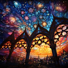 Stained Glass Window View of Cityscape and Night Sky