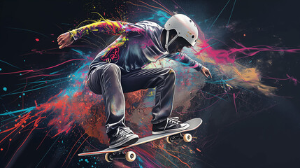 An epic artwork depicting a full body figure doing a nice skateboard kickflip. The figure wears a white helmet and shirt with a colorful graffiti design.