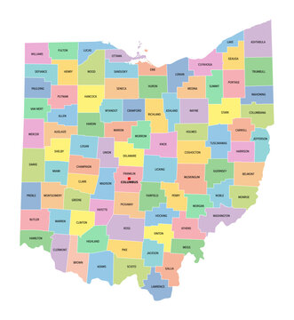 Ohio, U.S. state, subdivided into 88 counties, multi colored political map with capital Columbus, borders and county names. State in the Midwestern region of USA. Buckeye State, and Heart Of It All.