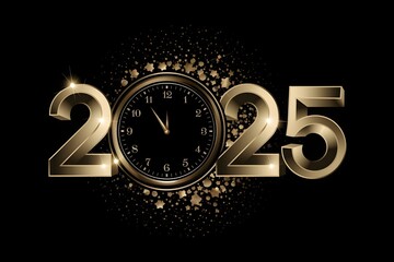 Fototapeta premium Happy new year 2025 number in bold, golden 3D lettering, with a gold clock, A burst of golden stars, symbolizing celebration and new beginnings, black background.