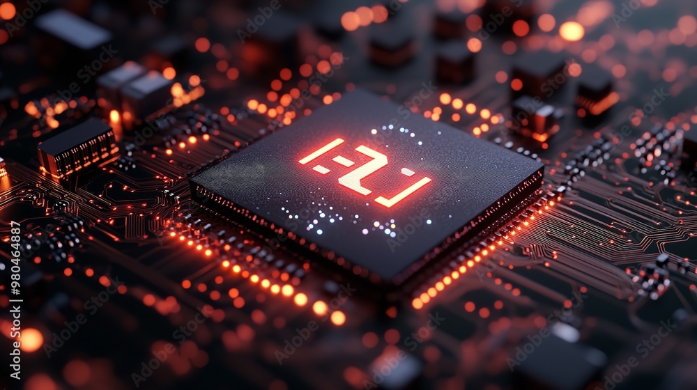 Poster future-tech processor and circuitry aglow in dynamic blue and orange lights.