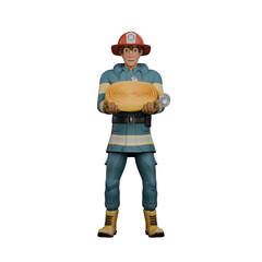 Male Firefighter Professionalism in 3D. A firefighter stands while carrying a roll of water hose with both hands. Fire Rescue