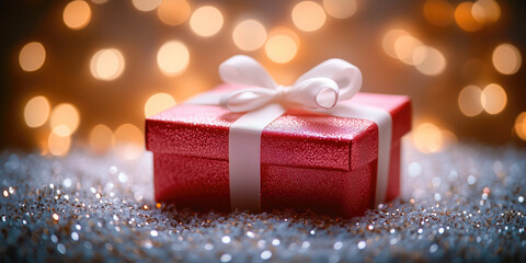 Red gift box with white ribbon sitting on silver glitter with bokeh lights