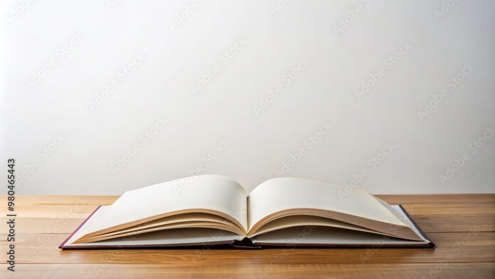 Poster A pristine open book with blank pages lies on a tidy desk against a pure white backdrop, providing ample space for custom text or design elements.