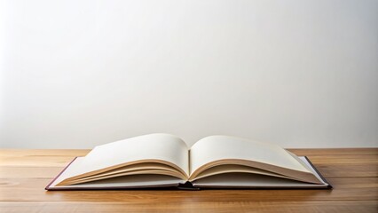 A pristine open book with blank pages lies on a tidy desk against a pure white backdrop, providing ample space for custom text or design elements.