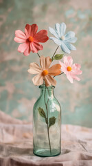 Colorful Handmade Paper Flowers in a Glass Bottle on Rustic Surface