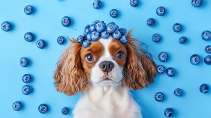 Cute dog with blueberry crown against a blue background, showcasing a playful and colorful pet portrait.