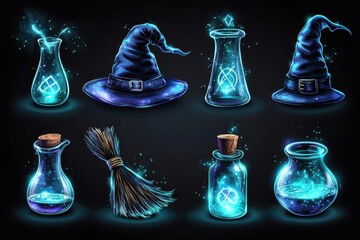 Glowing magical items and potions, fantasy witchcraft objects
