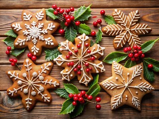 Whimsical arrangement of intricately decorated gingerbread cookies adorned with snowflakes, holly, and red berries on a wooden background, perfect for festive holiday banners.